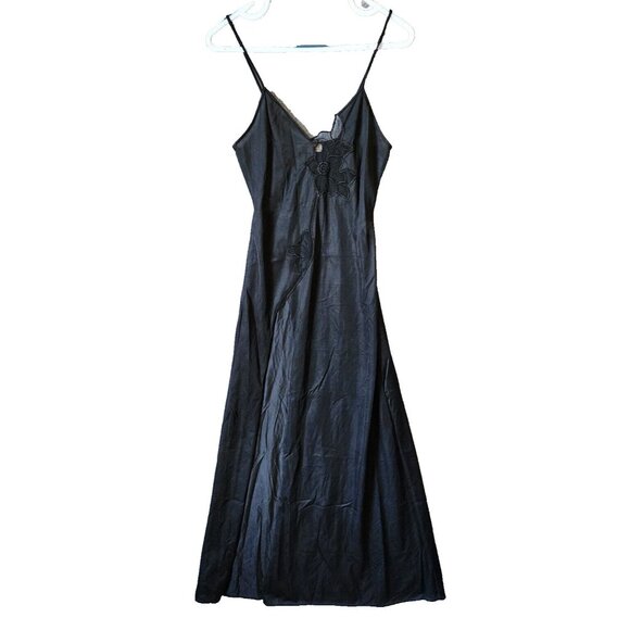 Vtg Joie De Vie Nylon Satin Nightgown Plunging Lace High Slit Sexy Black Petite - Picture 1 of 16